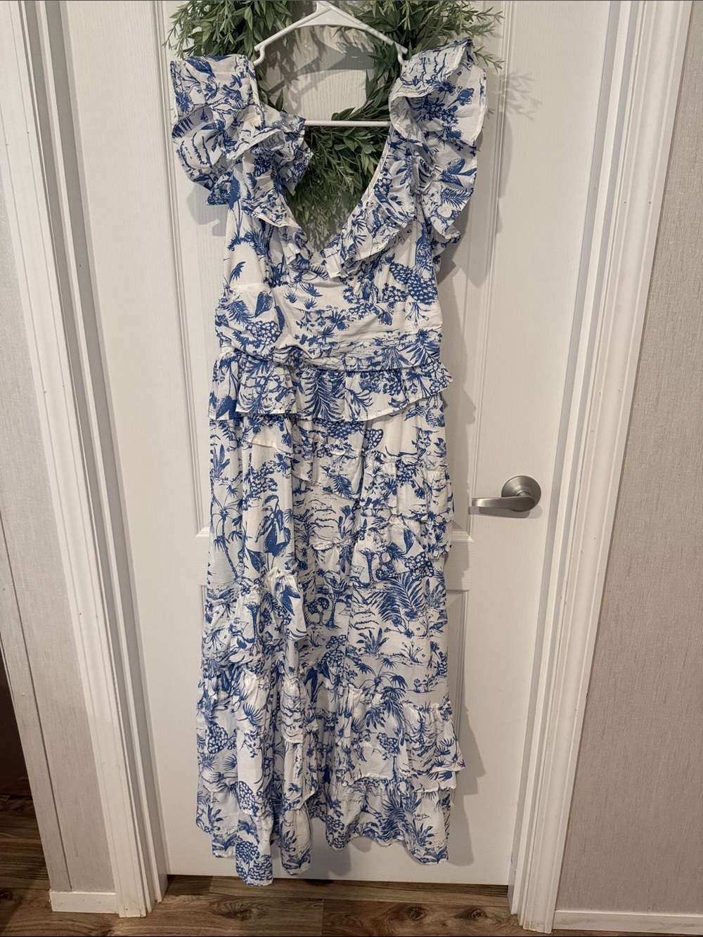 Storia Blue and White Toile Ruffled Maxi Dress